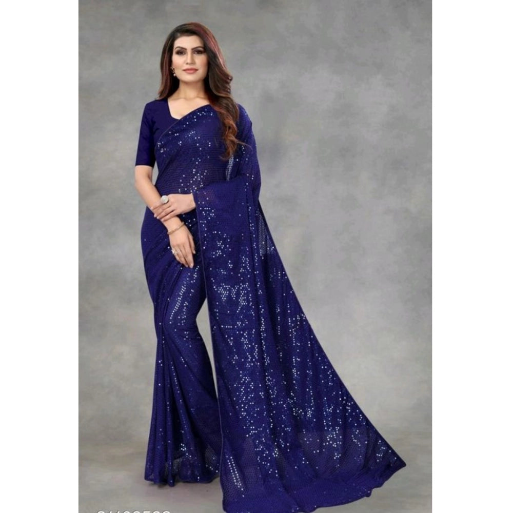 Seduva Women's Georgette Embellished Sequnece Bollywood Saree With Unstitched Blouse 5.5Mtr (Blue)