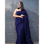Seduva Women's Georgette Embellished Sequnece Bollywood Saree With Unstitched Blouse 5.5Mtr (Blue)