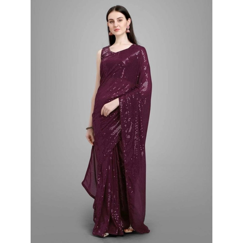 Seduva Women's Georgette Embellished Sequnece Bollywood Saree With Unstitched Blouse 5.5Mtr (Purple)