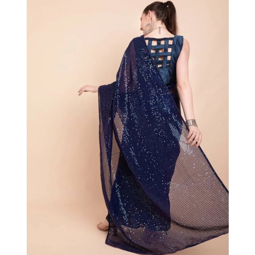Seduva Women's Georgette Embellished Sequnece Bollywood Saree With Unstitched Blouse 5.5Mtr (Blue)