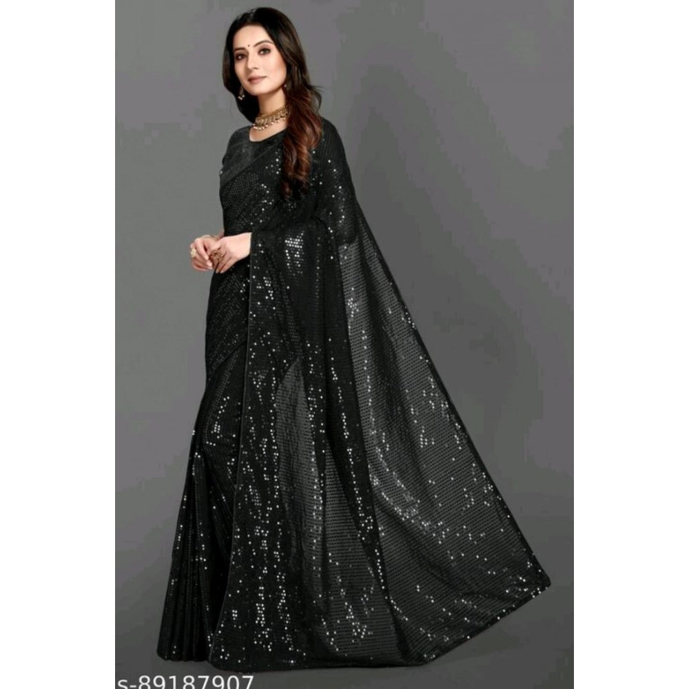 Seduva Women's Georgette Embellished Sequnece Bollywood Saree With Unstitched Blouse 5.5Mtr (Black)