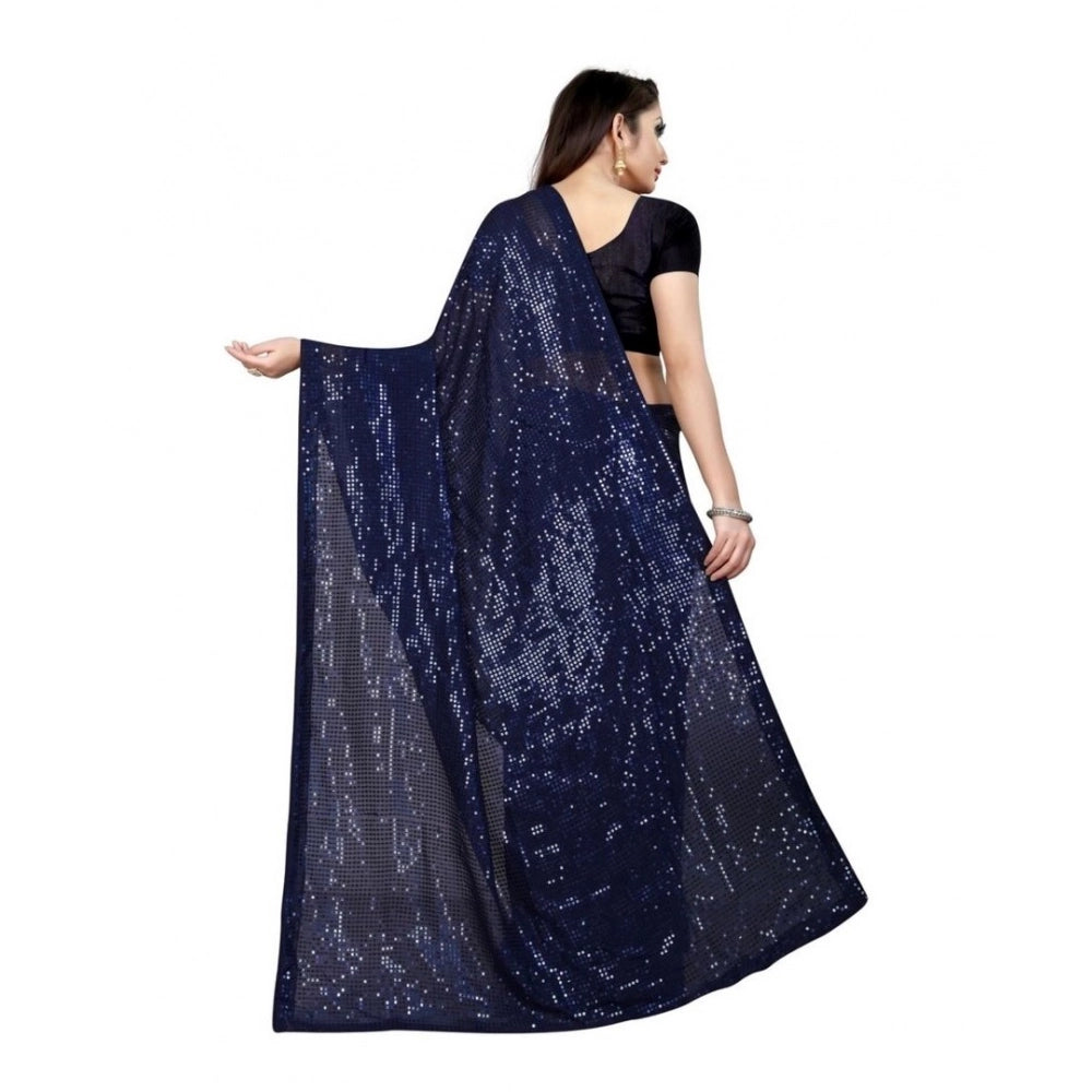 Seduva Women's Georgette Embellished Sequnece Bollywood Saree With Unstitched Blouse 5.5Mtr (Blue)