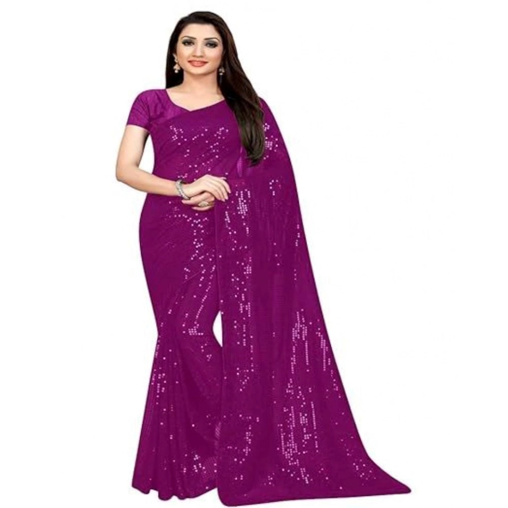 Seduva Women's Georgette Embellished Sequnece Bollywood Saree With Unstitched Blouse 5.5Mtr (Purple)