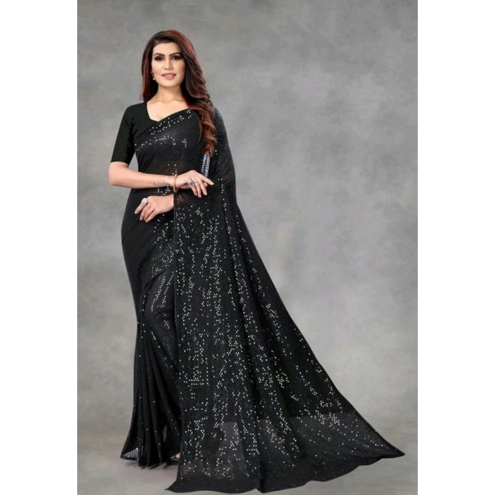 Seduva Women's Georgette Embellished Sequnece Bollywood Saree With Unstitched Blouse 5.5Mtr (Black)