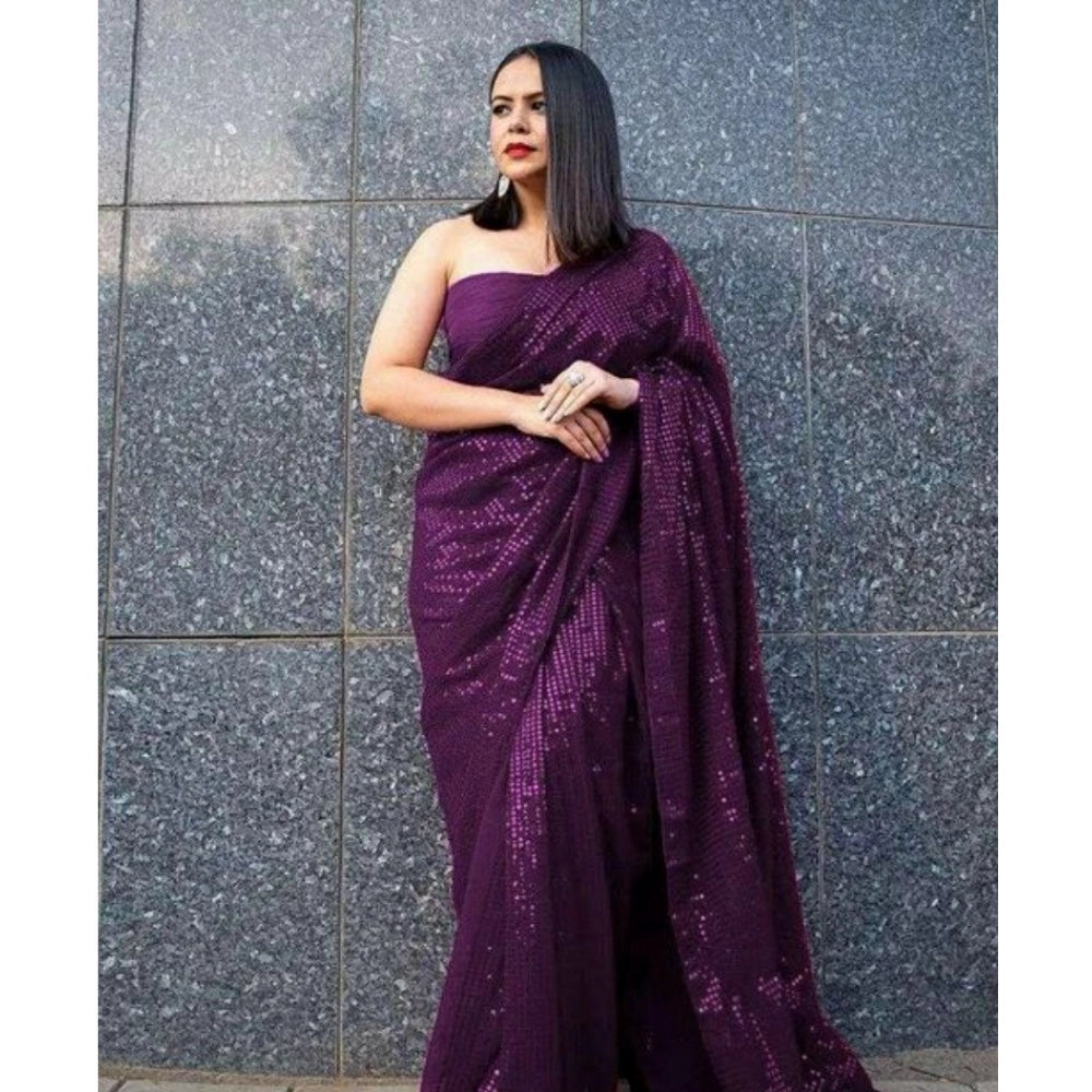 Seduva Women's Georgette Embellished Sequnece Bollywood Saree With Unstitched Blouse 5.5Mtr (Purple)