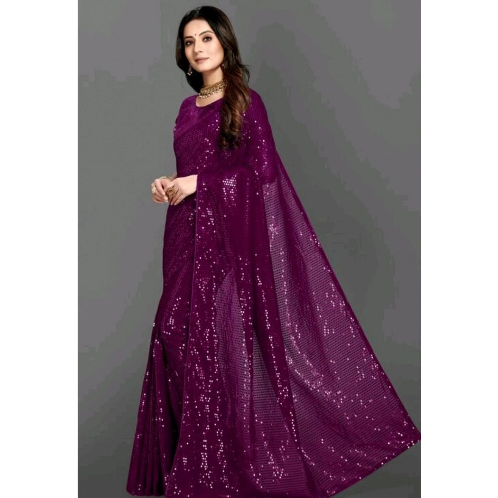 Seduva Women's Georgette Embellished Sequnece Bollywood Saree With Unstitched Blouse 5.5Mtr (Purple)