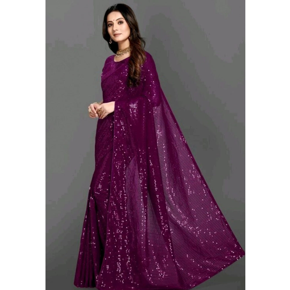 Seduva Women's Georgette Embellished Sequnece Bollywood Saree With Unstitched Blouse 5.5Mtr (Purple)