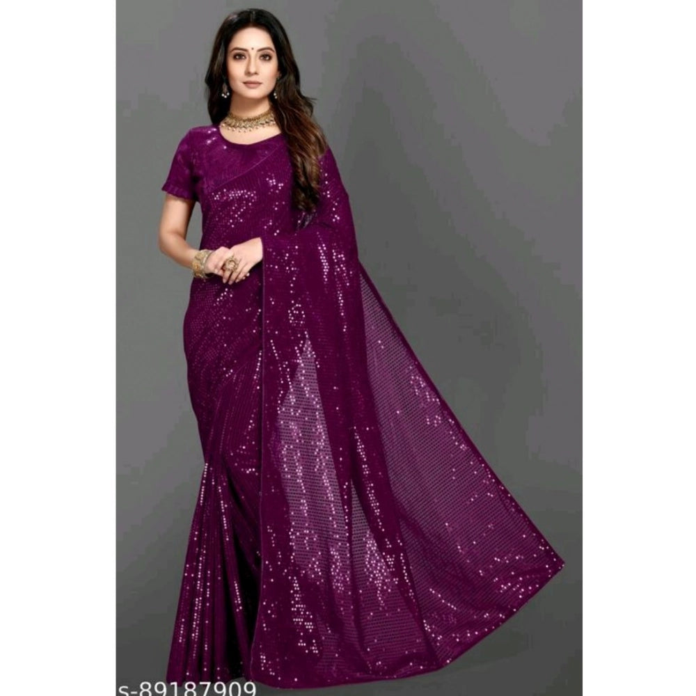 Seduva Women's Georgette Embellished Sequnece Bollywood Saree With Unstitched Blouse 5.5Mtr (Purple)