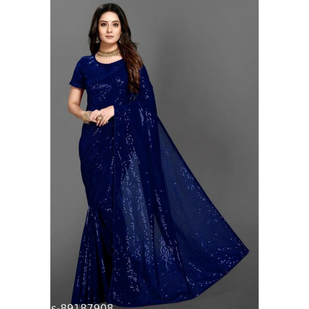 Seduva Women's Georgette Embellished Sequnece Bollywood Saree With Unstitched Blouse 5.5Mtr (Blue)