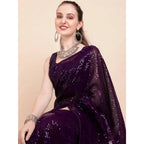 Seduva Women's Georgette Embellished Sequnece Bollywood Saree With Unstitched Blouse 5.5Mtr (Purple)