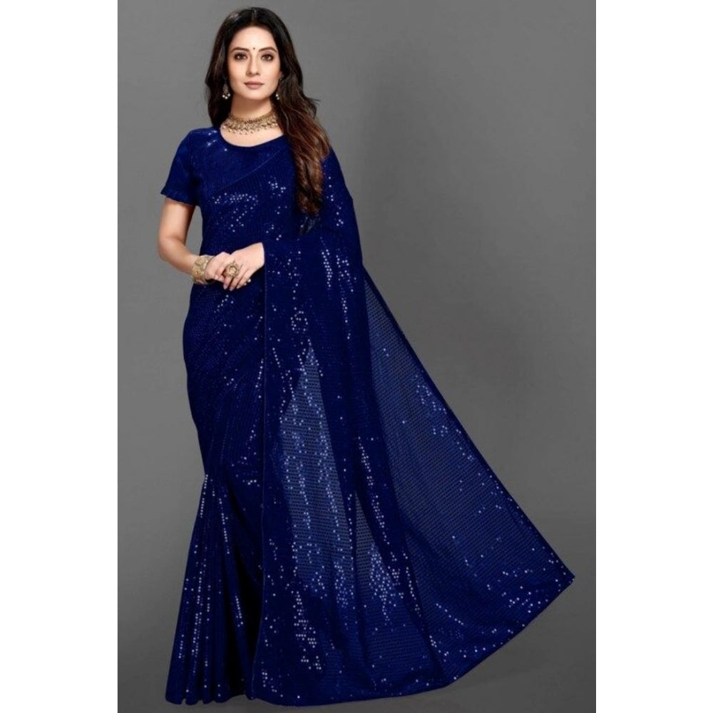 Seduva Women's Georgette Embellished Sequnece Bollywood Saree With Unstitched Blouse 5.5Mtr (Blue)