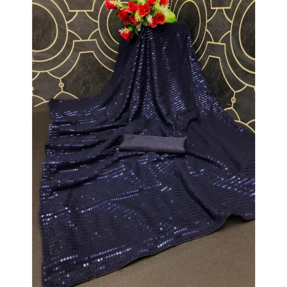 Seduva Women's Georgette Embellished Sequnece Bollywood Saree With Unstitched Blouse 5.5Mtr (Blue)