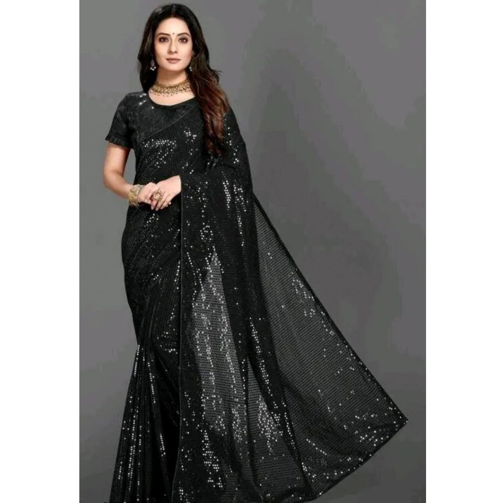 Seduva Women's Georgette Embellished Sequnece Bollywood Saree With Unstitched Blouse 5.5Mtr (Black)