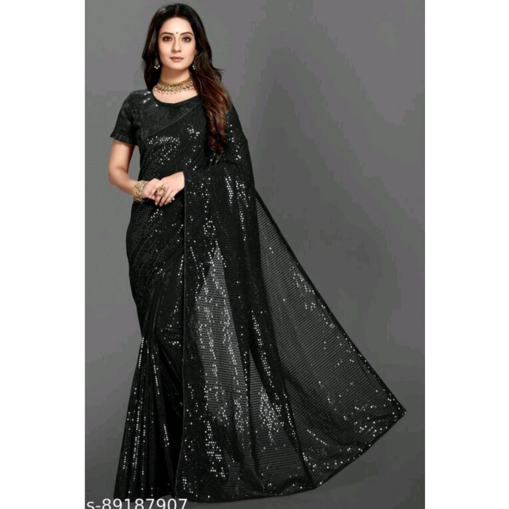 Seduva Women's Georgette Embellished Sequnece Bollywood Saree With Unstitched Blouse 5.5Mtr (Black)