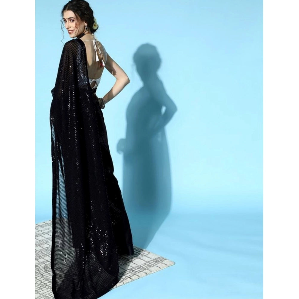 Seduva Women's Georgette Embellished Sequnece Bollywood Saree With Unstitched Blouse 5.5Mtr (Black)