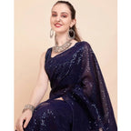 Seduva Women's Georgette Embellished Sequnece Bollywood Saree With Unstitched Blouse 5.5Mtr (Blue)