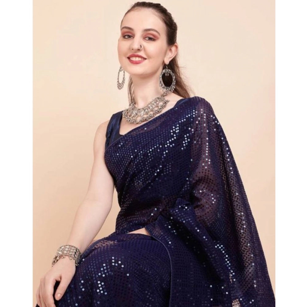 Seduva Women's Georgette Embellished Sequnece Bollywood Saree With Unstitched Blouse 5.5Mtr (Blue)