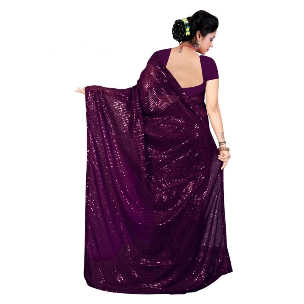 Seduva Women's Georgette Embellished Sequnece Bollywood Saree With Unstitched Blouse 5.5Mtr (Purple)