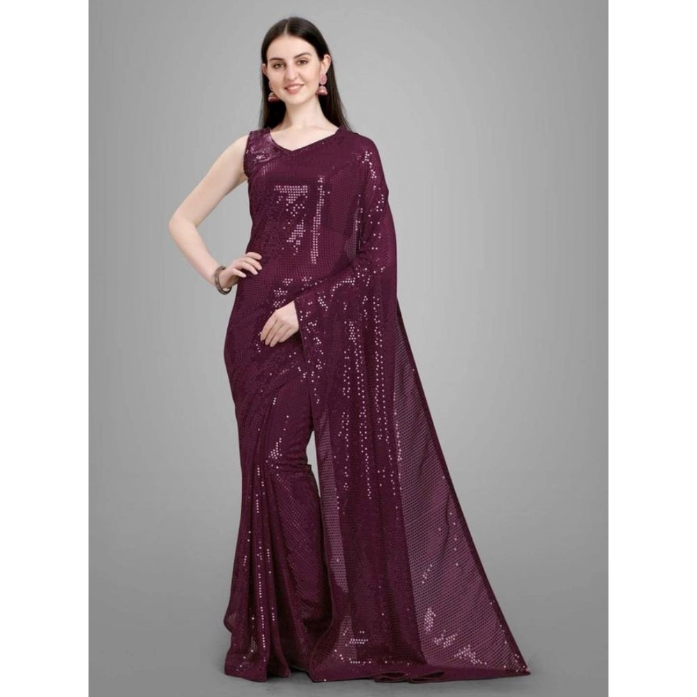 Seduva Women's Georgette Embellished Sequnece Bollywood Saree With Unstitched Blouse 5.5Mtr (Purple)