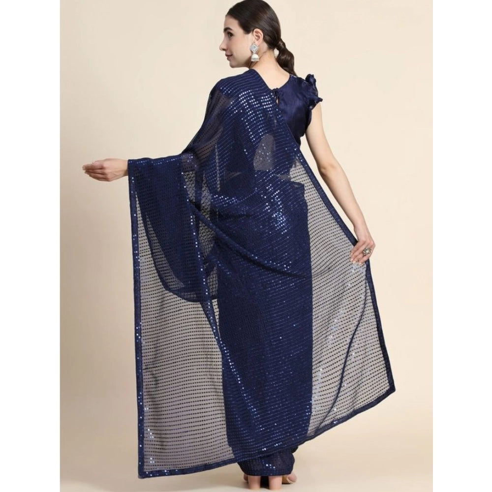 Seduva Women's Georgette Embellished Sequnece Bollywood Saree With Unstitched Blouse 5.5Mtr (Blue)