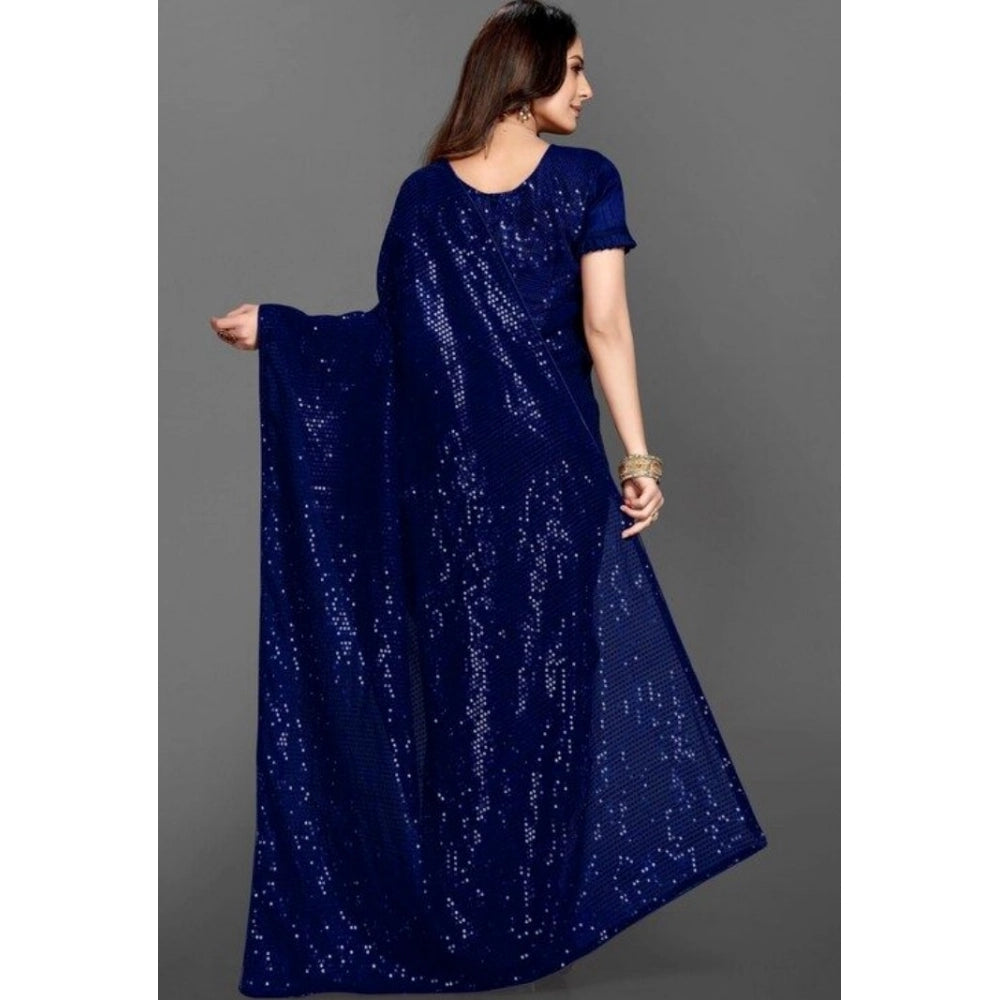Seduva Women's Georgette Embellished Sequnece Bollywood Saree With Unstitched Blouse 5.5Mtr (Blue)
