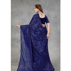 Seduva Women's Georgette Embellished Sequnece Bollywood Saree With Unstitched Blouse 5.5Mtr (Blue)