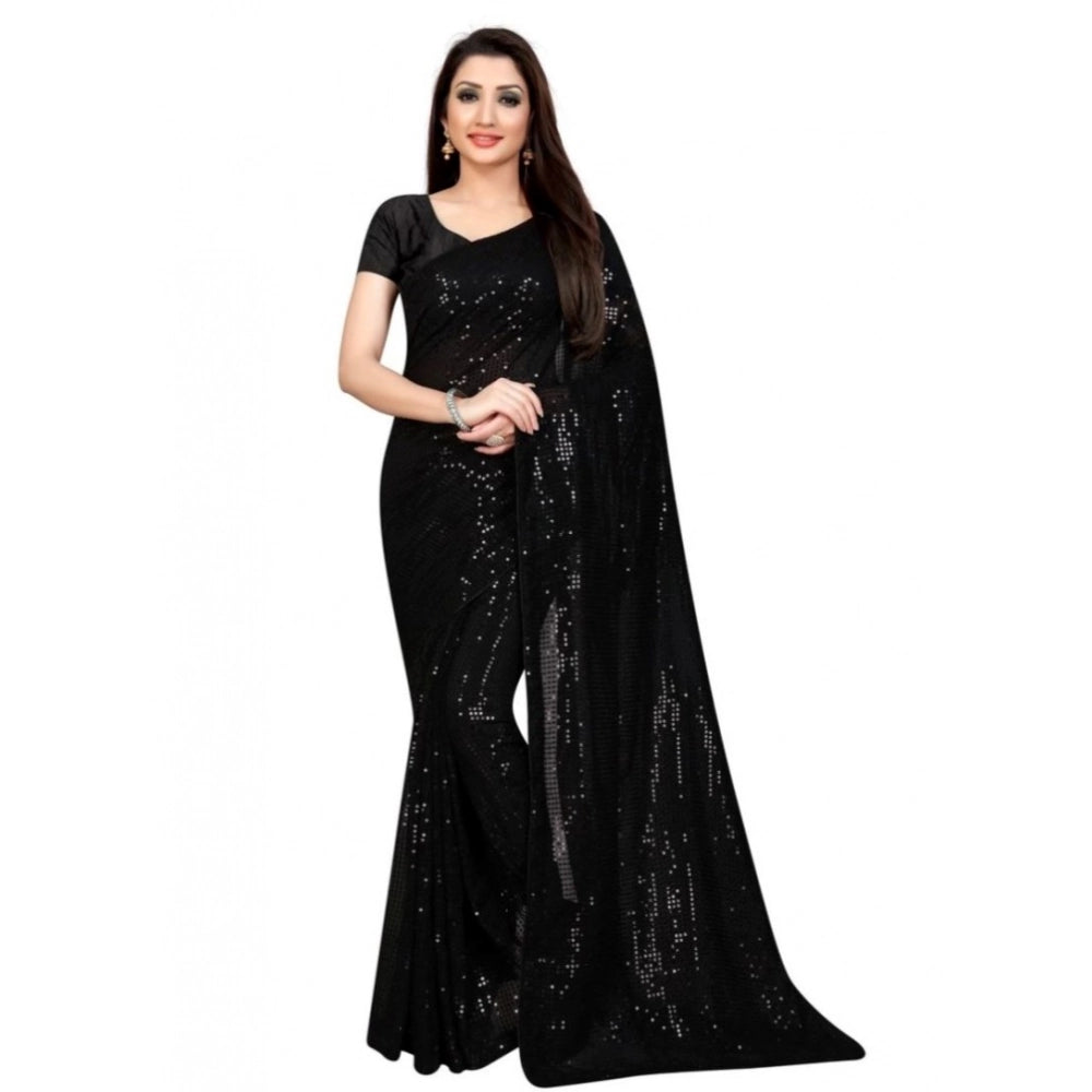Seduva Women's Georgette Embellished Sequnece Bollywood Saree With Unstitched Blouse 5.5Mtr (Black)