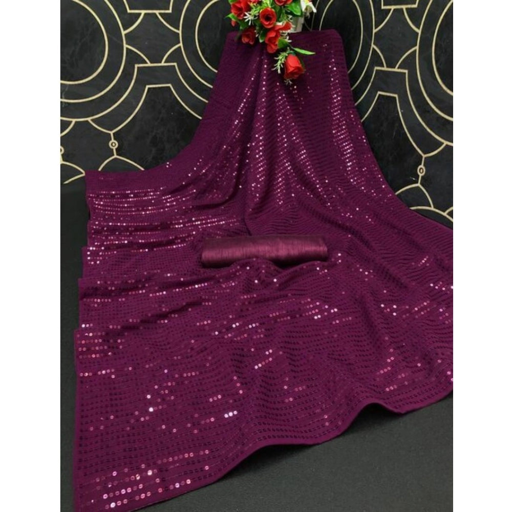 Seduva Women's Georgette Embellished Sequnece Bollywood Saree With Unstitched Blouse 5.5Mtr (Purple)