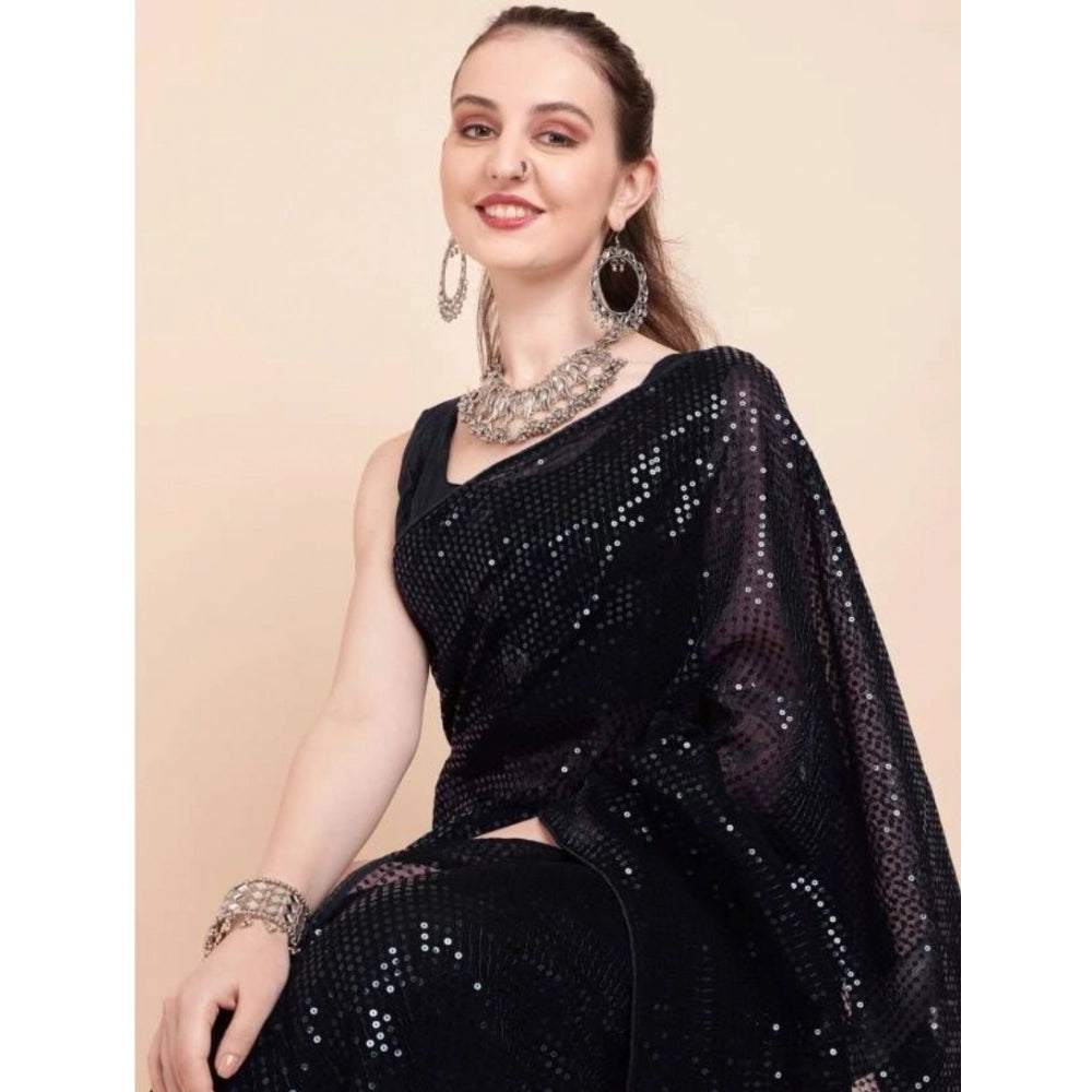 Seduva Women's Georgette Embellished Sequnece Bollywood Saree With Unstitched Blouse 5.5Mtr (Black)