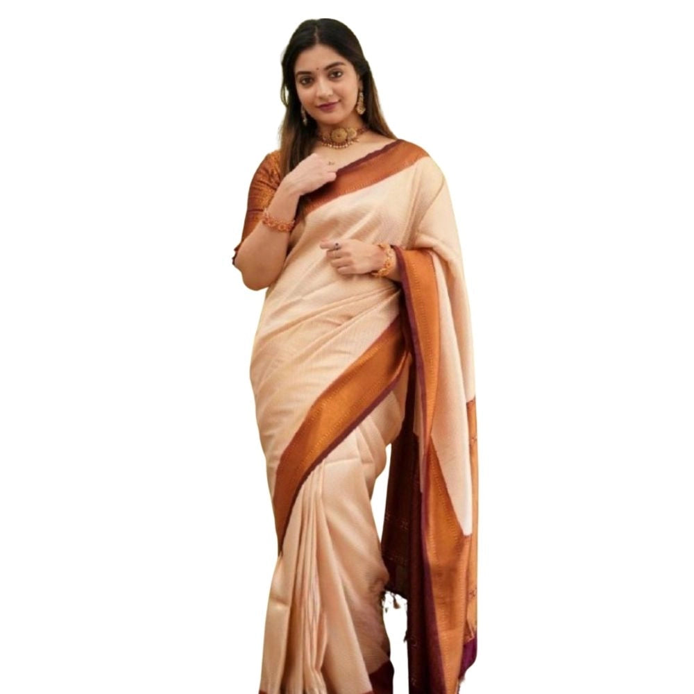 Seduva Women's Silk Printed Saree With Unstitched Blouse 5.5Mtr (Cream)