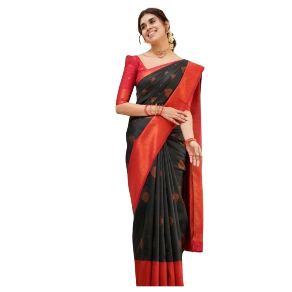 Seduva Women's Silk Printed Saree With Unstitched Blouse 5.5Mtr (Black)