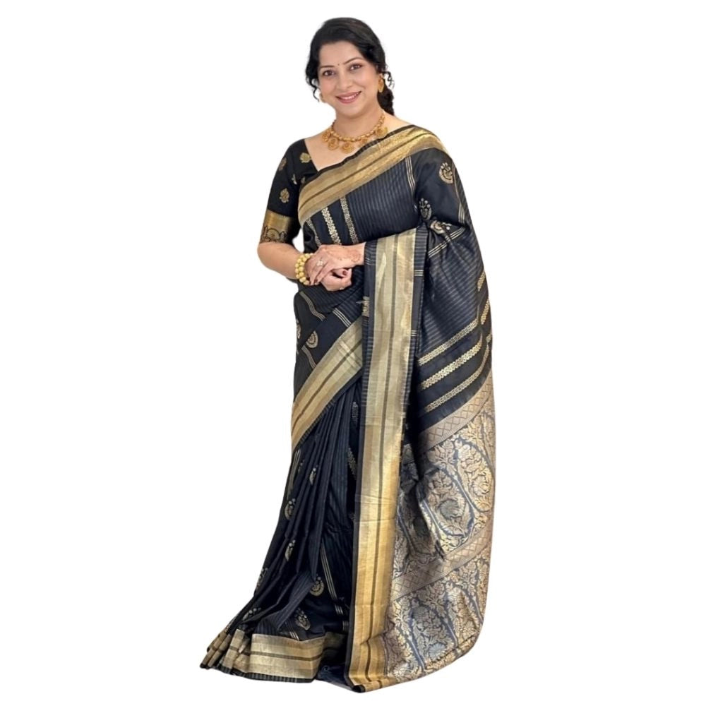 Seduva Women's Silk Printed Saree With Unstitched Blouse 5.5Mtr (Black)