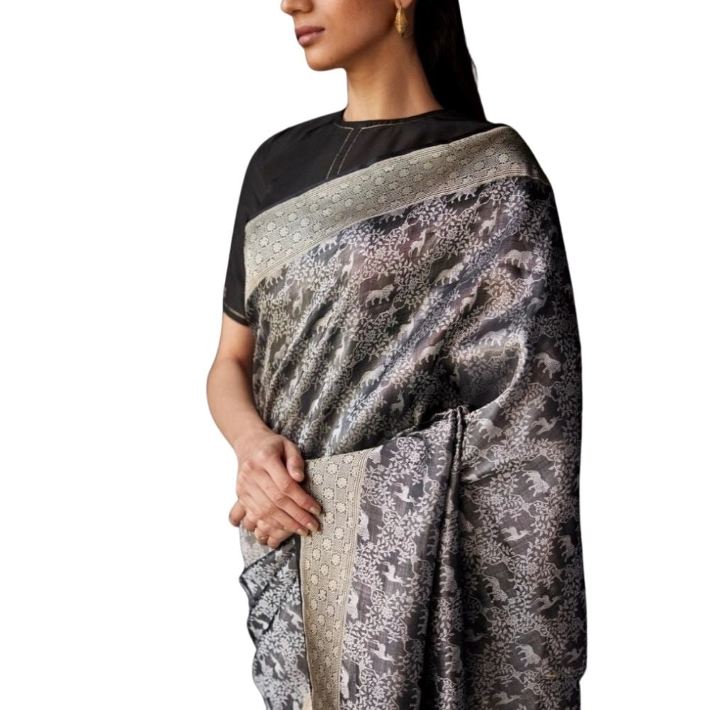 Seduva Women's Silk Printed Saree With Unstitched Blouse 5.5Mtr (Grey)