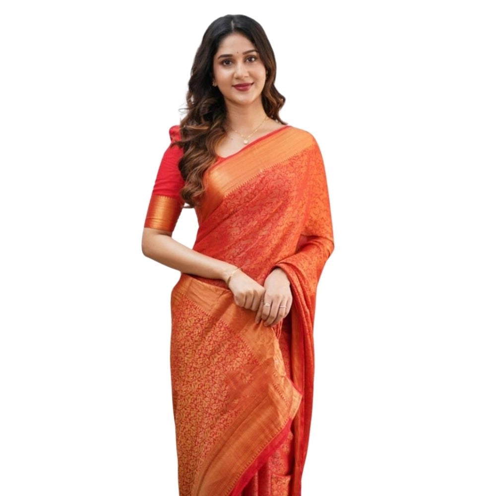 Seduva Women's Silk Printed Saree With Unstitched Blouse 5.5Mtr (Orange)