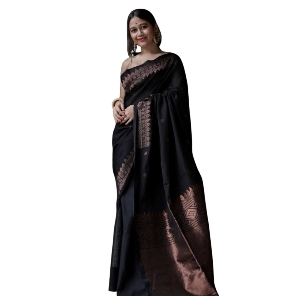Seduva Women's Silk Printed Saree With Unstitched Blouse 5.5Mtr (Black)