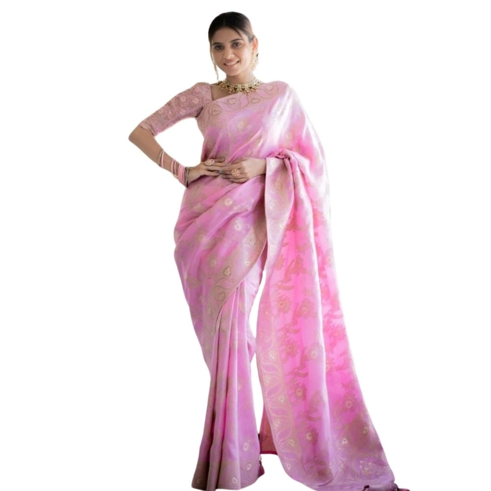 Seduva Women's Silk Printed Saree With Unstitched Blouse 5.5Mtr (Pink)