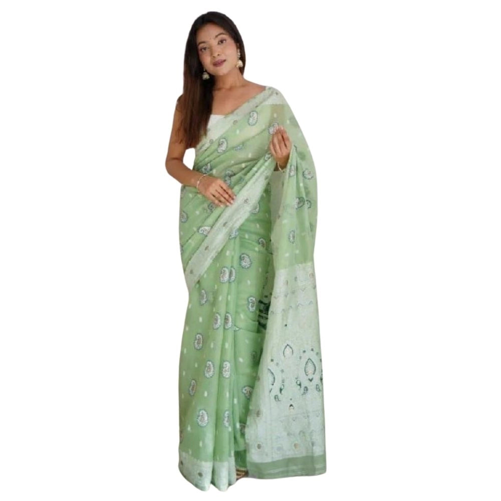 Seduva Women's Cotton  Printed Saree With Unstitched Blouse 5.5Mtr (Pista)