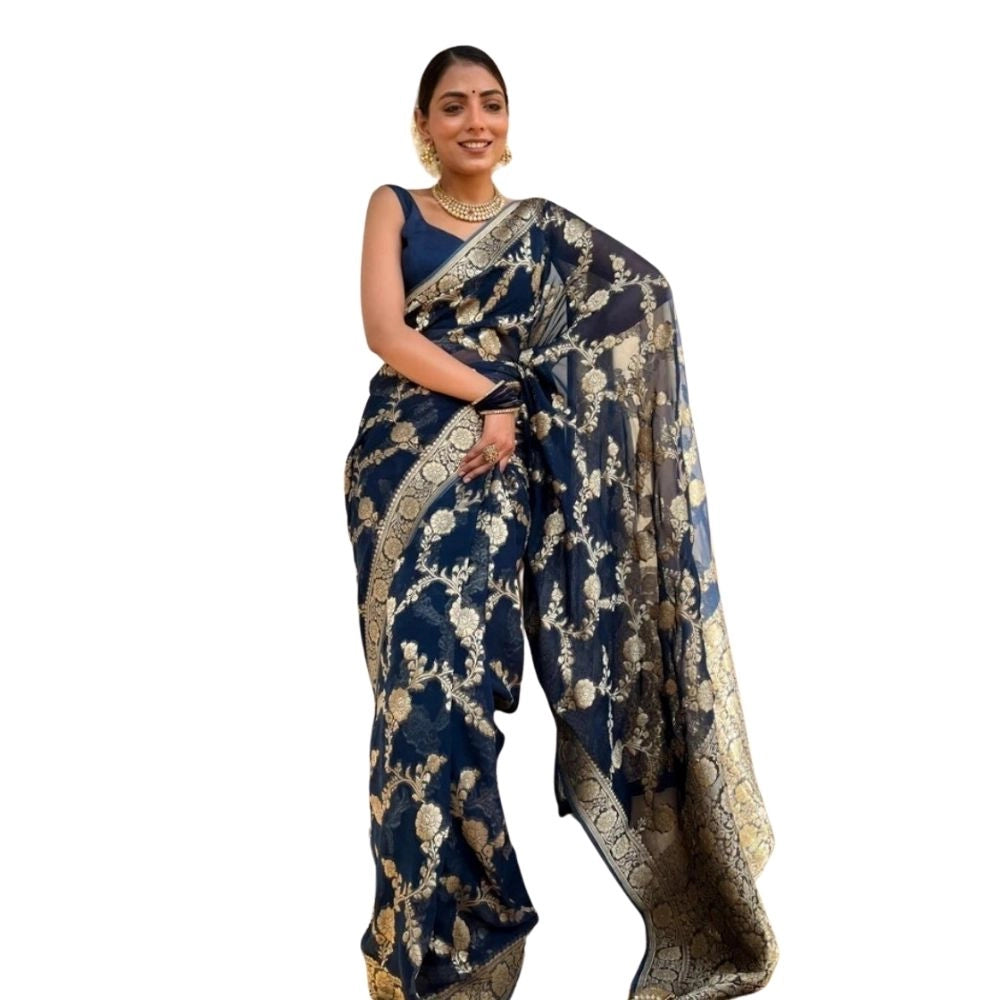 Seduva Women's Silk Printed Saree With Unstitched Blouse 5.5Mtr (Dark Blue)