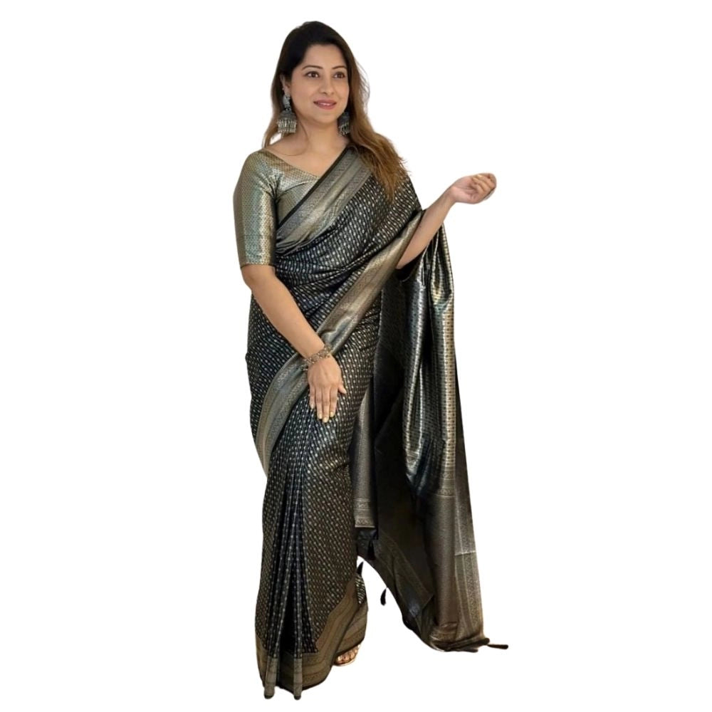 Seduva Women's Silk Printed Saree With Unstitched Blouse 5.5Mtr (Black)
