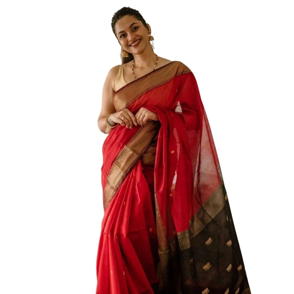 Seduva Women's Cotton  Printed Saree With Unstitched Blouse 5.5Mtr (Red)