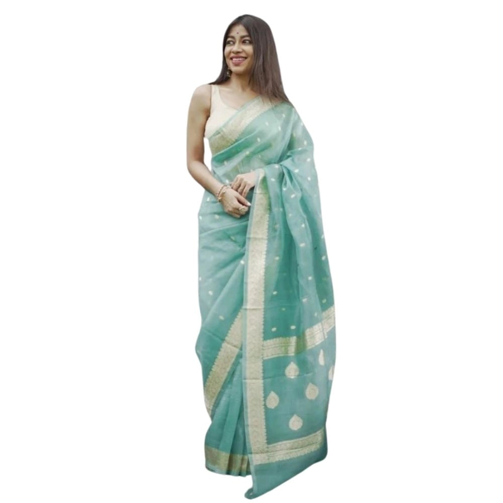 Seduva Women's Cotton  Printed Saree With Unstitched Blouse 5.5Mtr (Sky)