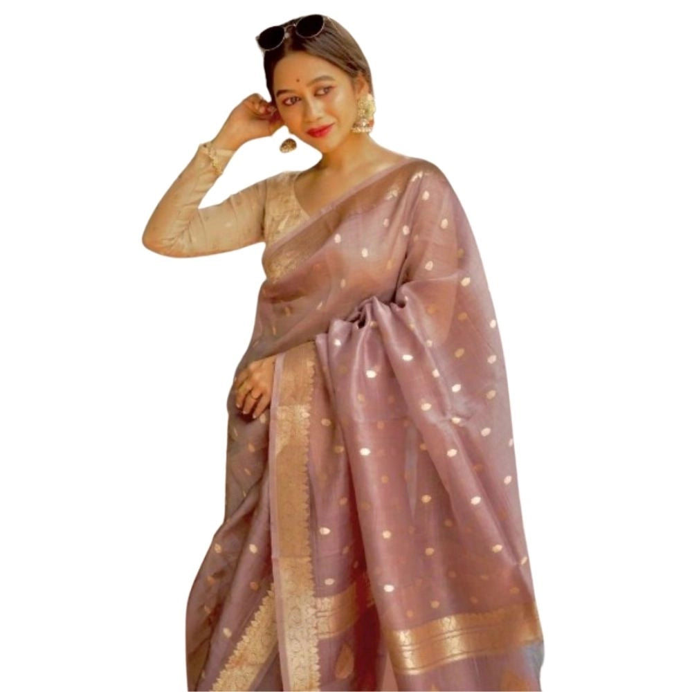 Seduva Women's Cotton  Printed Saree With Unstitched Blouse 5.5Mtr (Rose Gold)