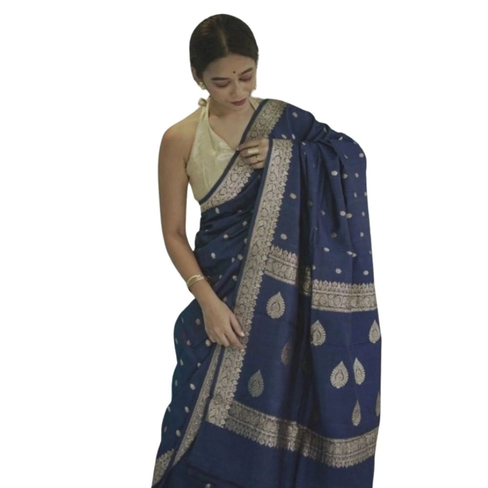 Seduva Women's Cotton  Printed Saree With Unstitched Blouse 5.5Mtr (Navy Blue)