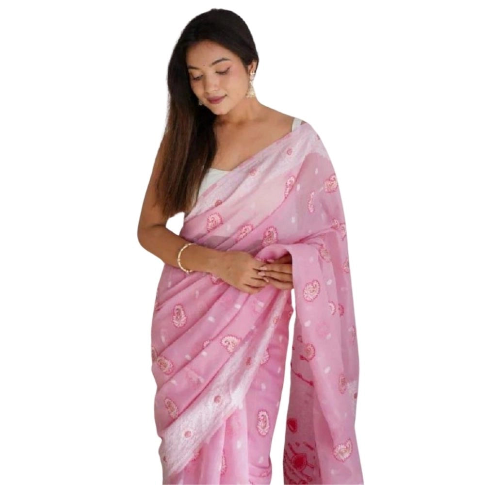 Seduva Women's Cotton  Printed Saree With Unstitched Blouse 5.5Mtr (Pink)