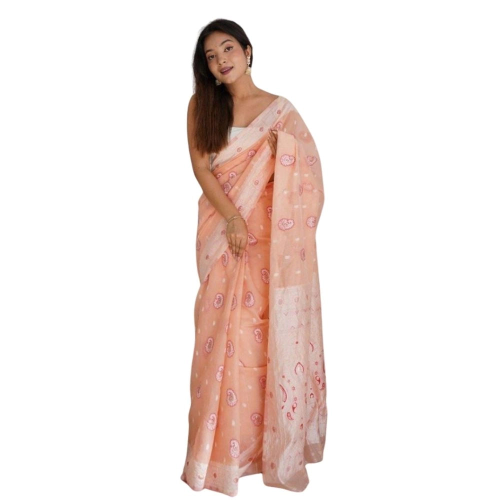Seduva Women's Cotton  Printed Saree With Unstitched Blouse 5.5Mtr (Peach)