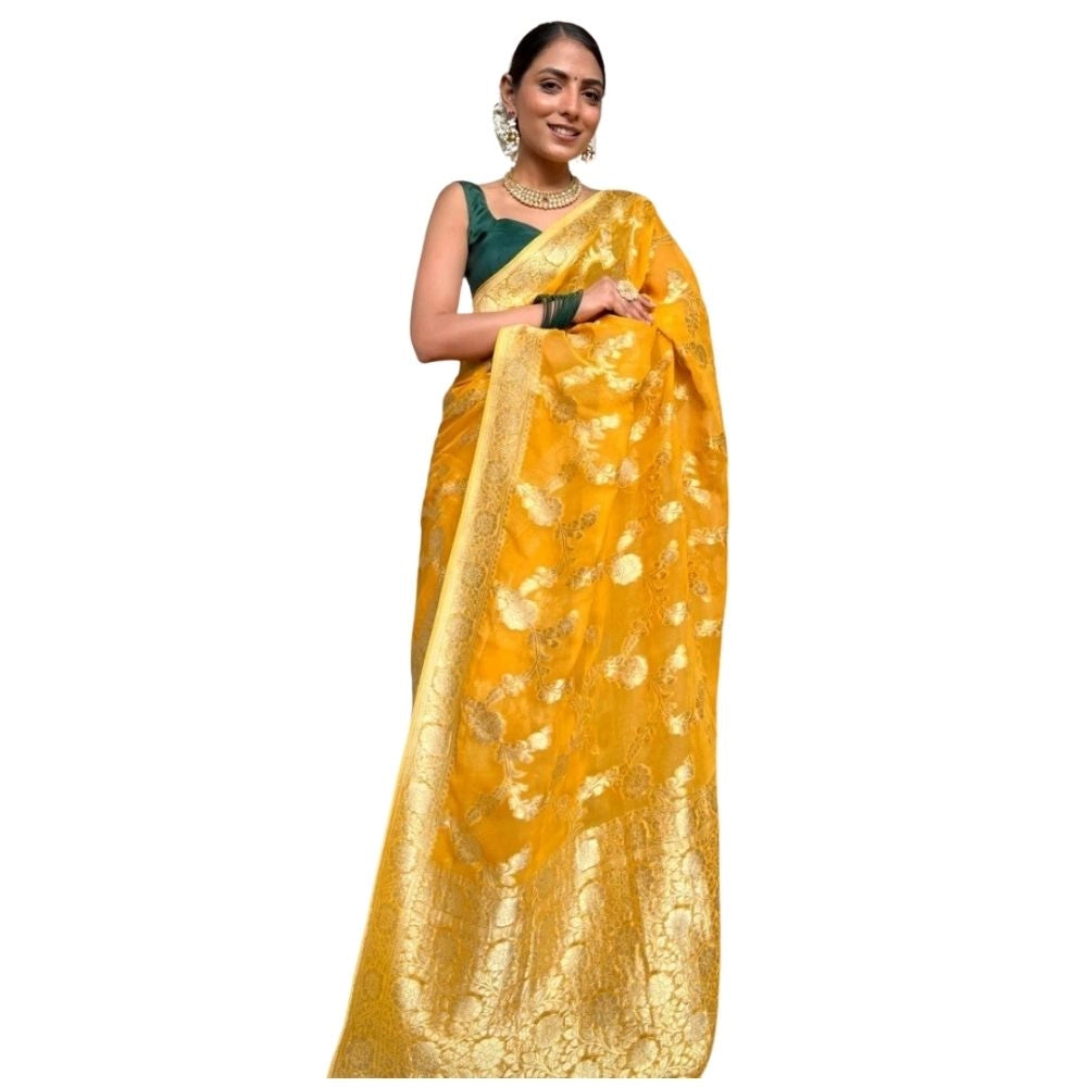 Seduva Women's Silk Printed Saree With Unstitched Blouse 5.5Mtr (Gold Yellow)