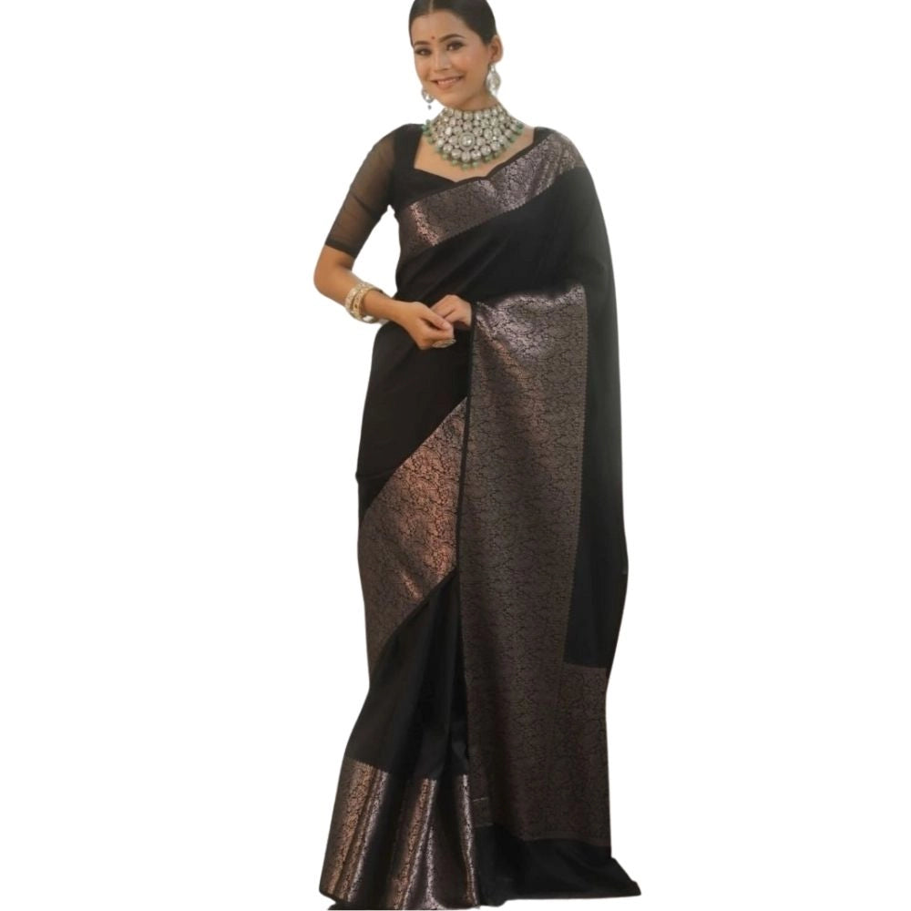 Seduva Women's Silk Printed Saree With Unstitched Blouse 5.5Mtr (Black)