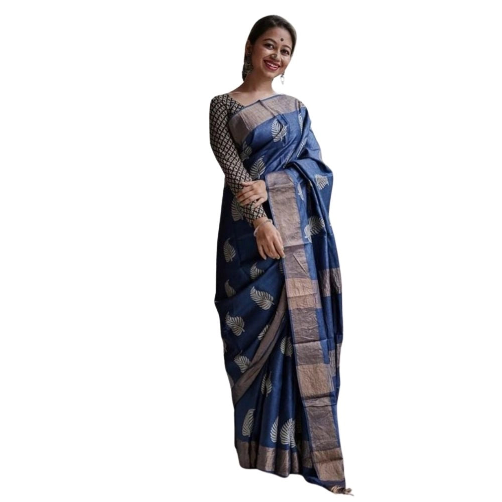 Seduva Women's Silk Printed Saree With Unstitched Blouse 5.5Mtr (Navy Blue)