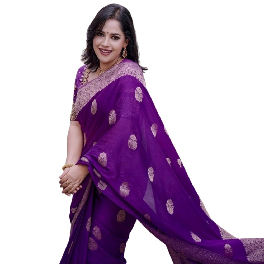 Seduva Women's Silk Printed Saree With Unstitched Blouse 5.5Mtr (Purple)