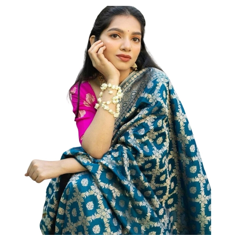 Seduva Women's Silk Printed Saree With Unstitched Blouse 5.5Mtr (Sky Blue)